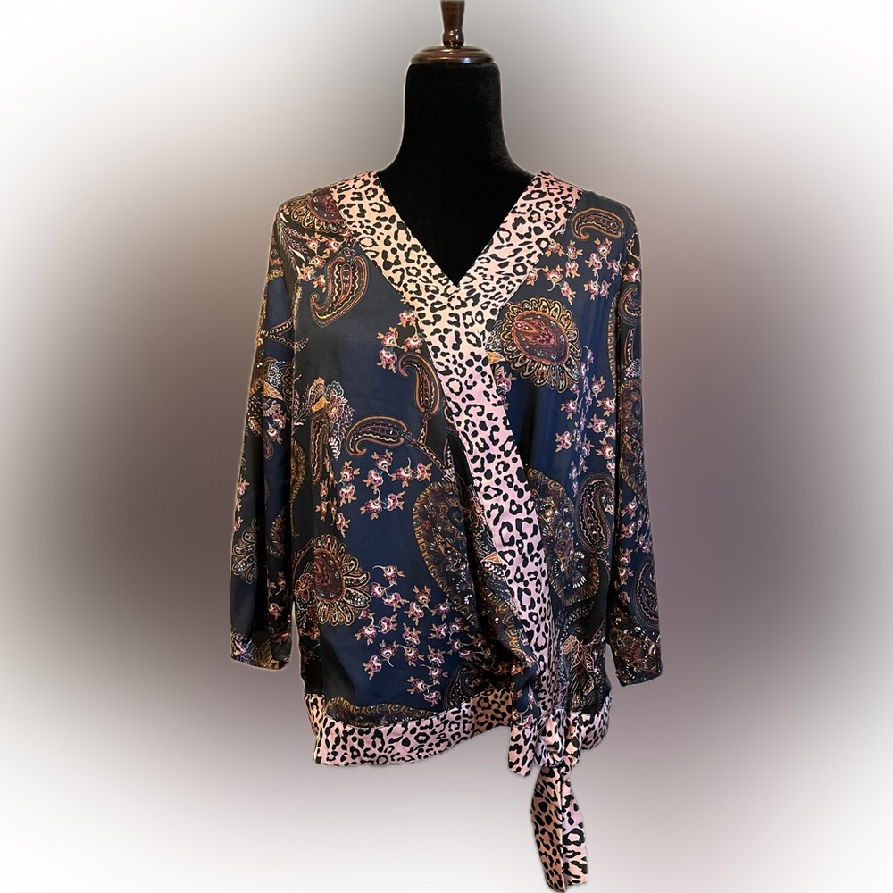 Dress Barn Paisley and Leopard Faux Wrap Blouse size L